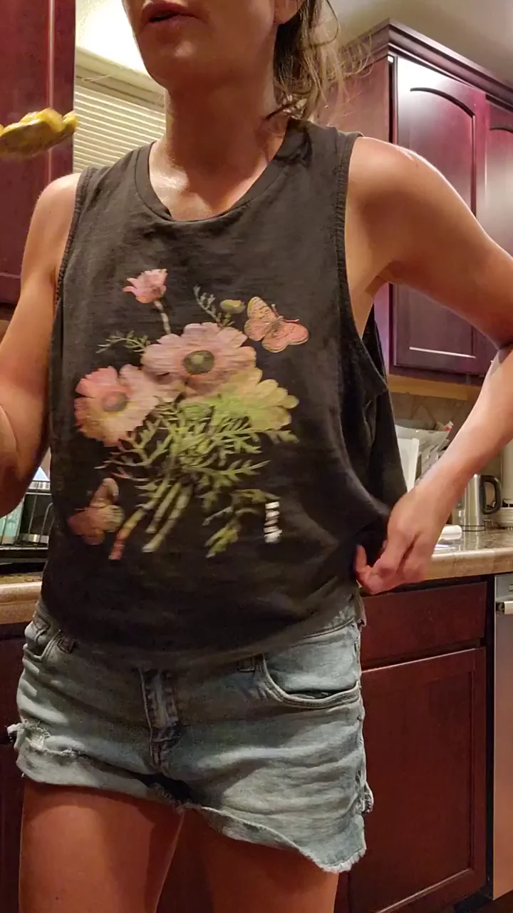 Milfy Kitchen Tease: Small Natural Titties Ready to Feed You Milk