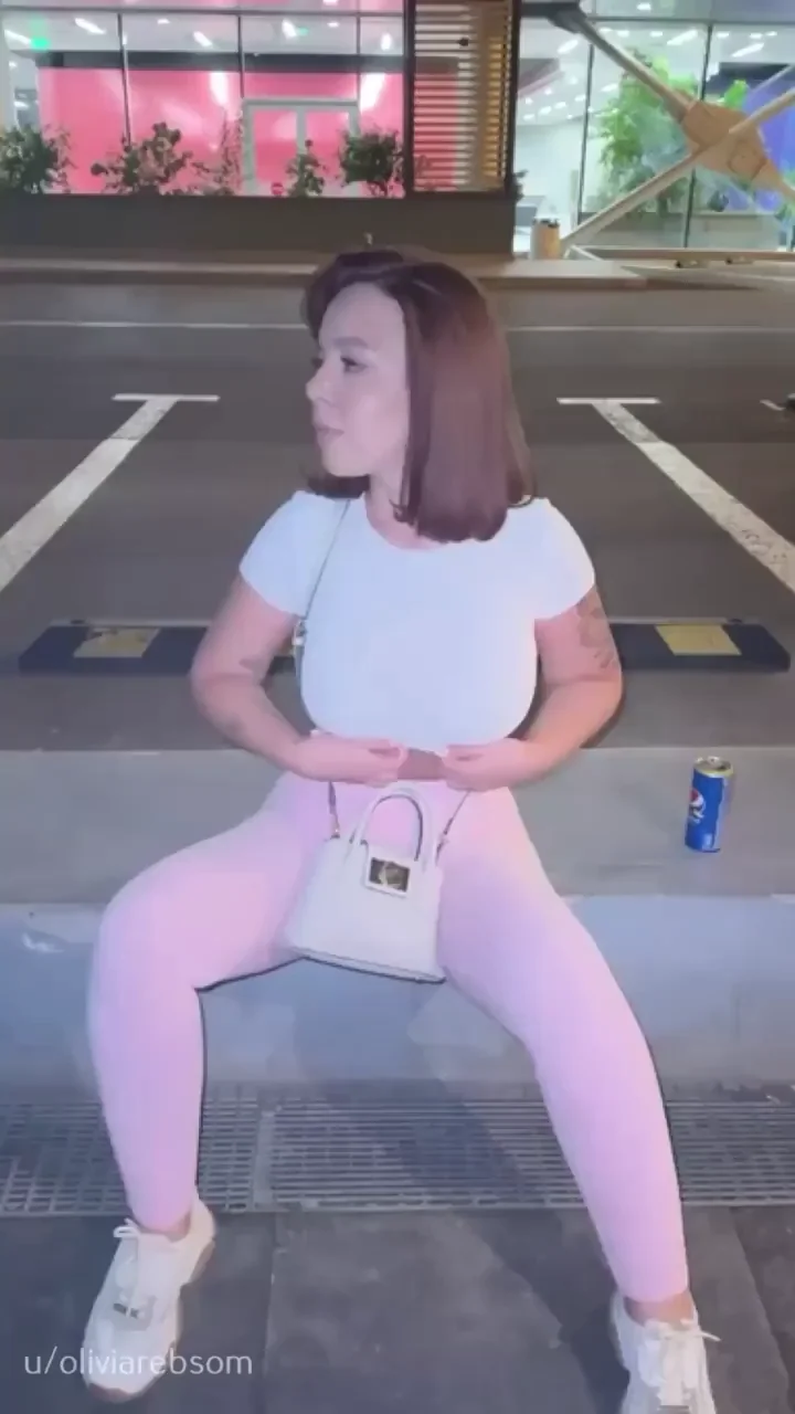 Wet Pink Leggings Tease: Squat Deep on the Street