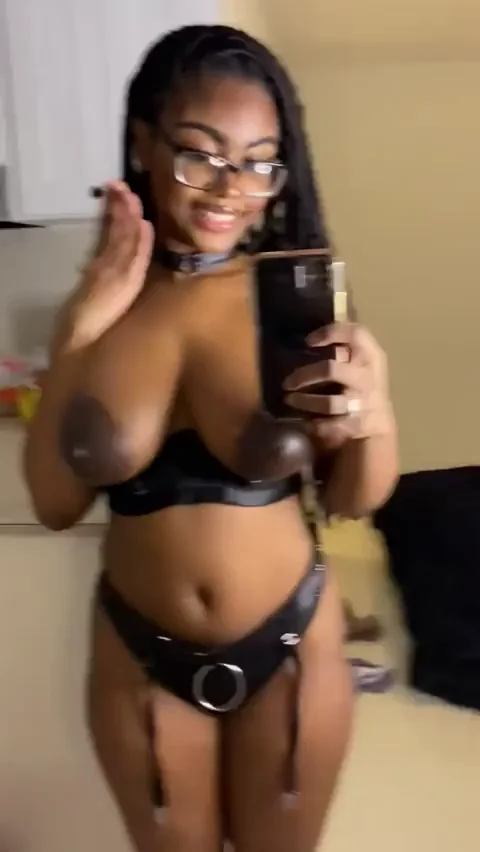 Sexy Black Goth Babe Teases in Tight Harness Lingerie