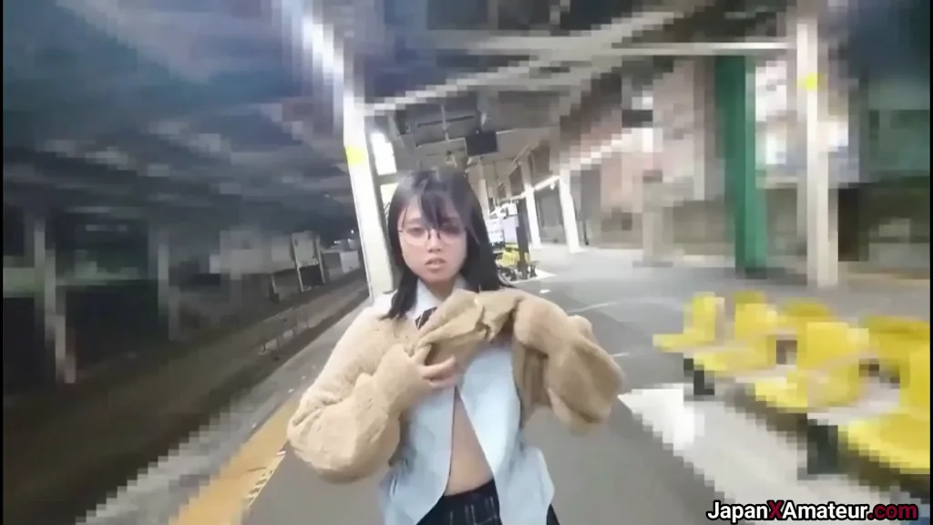 Glasses-Wearing Japanese Amateur Slut Flashes Perky Tits & Guzzles Dick at Train Station
