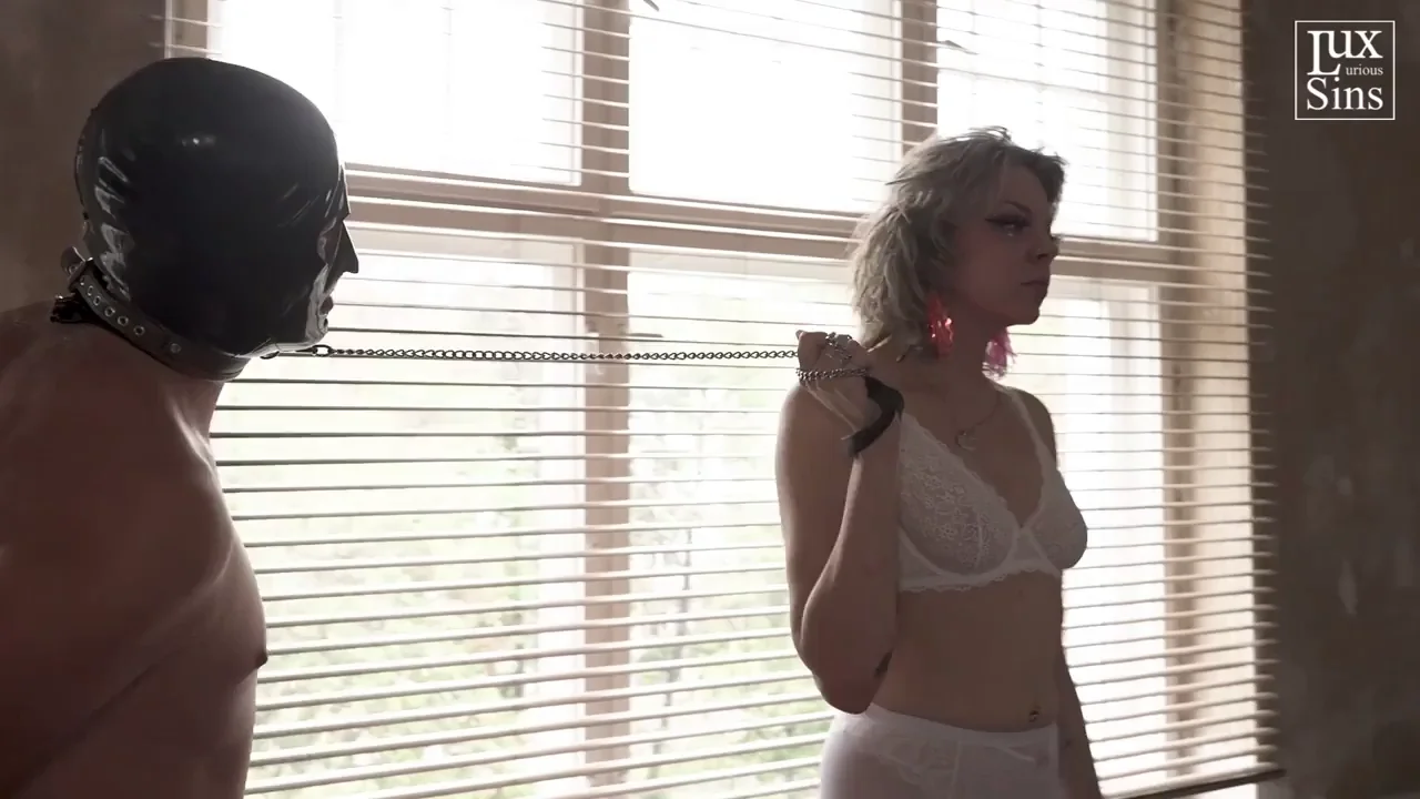 Leashed Cuck Hubby Crawls for Lingerie Dominatrix Bride