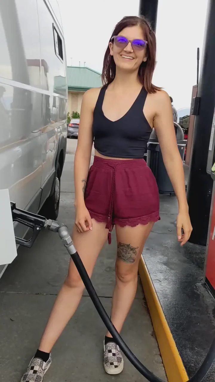Pumping Gas with My Perky Tits Totally Out 😈⛽🍈🍈 [GIF]