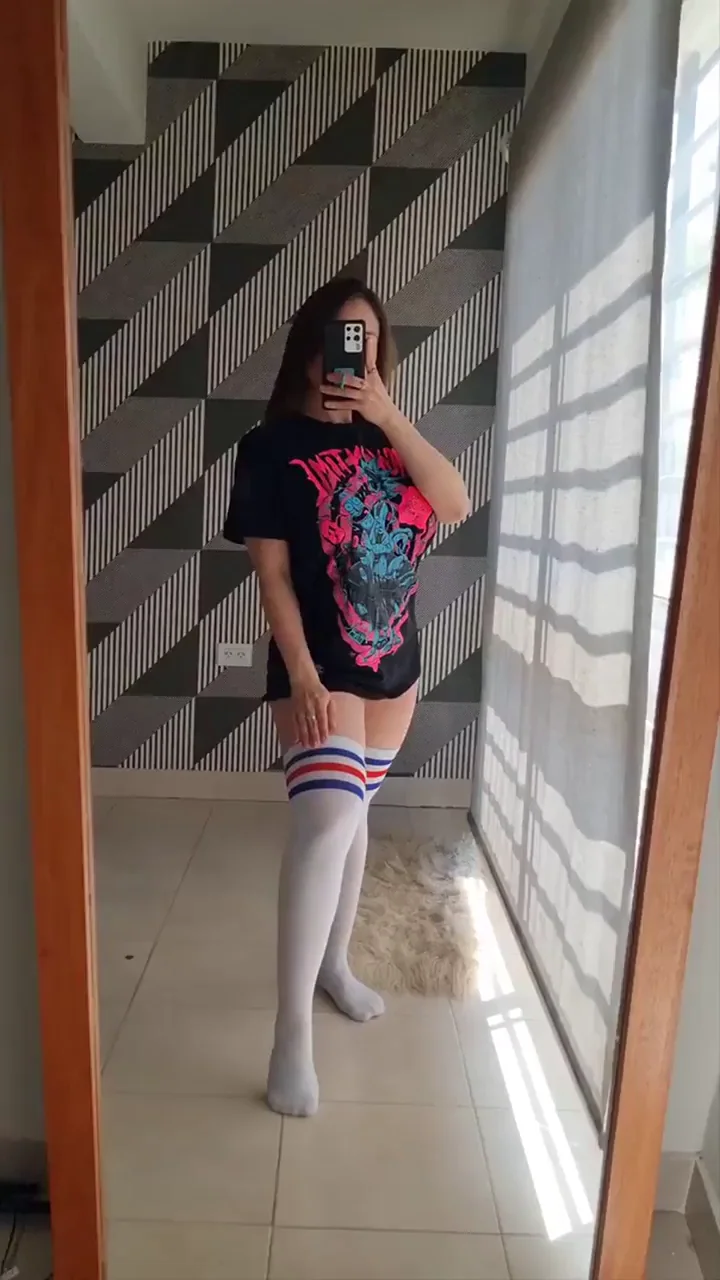 Petite Busty Teen's Thigh-High Tease: T-Shirt Lift & Bare Slutty Curves