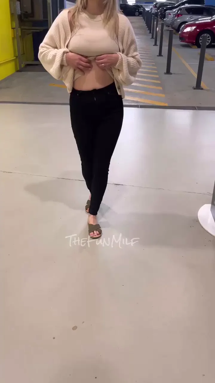 Hubby Urges Slutty Wife to Flash Tits in Risky Parking Garage