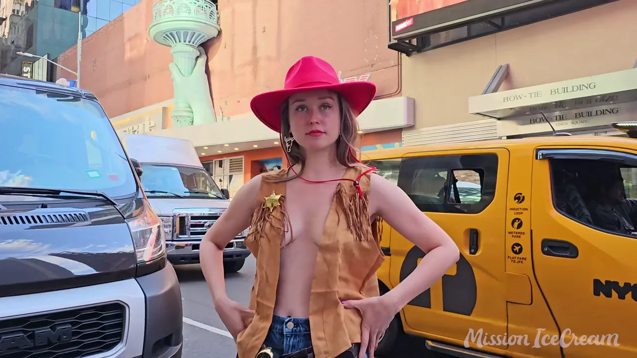 Gunslinger Slut: Red Hat Cowgirl Flashes Trashy Boners on the Street