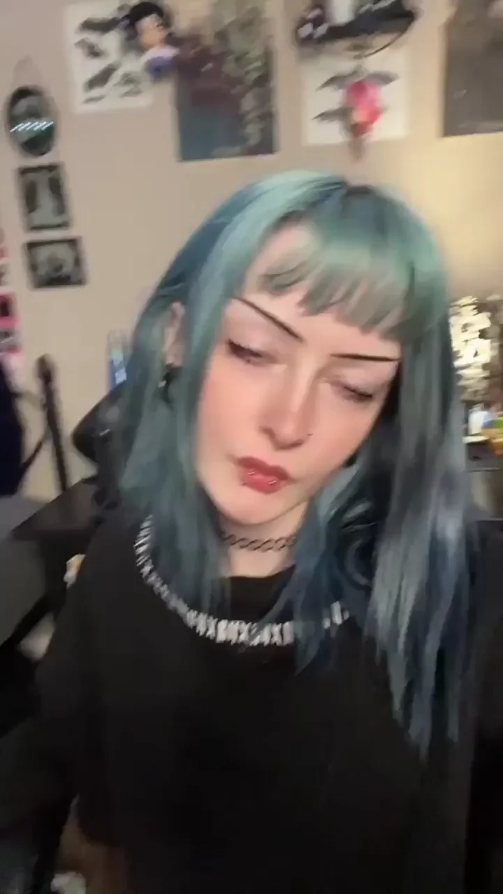 Goth TikTok Slut's Quick Tease: Cyan Bangs & Perky Tits Flash