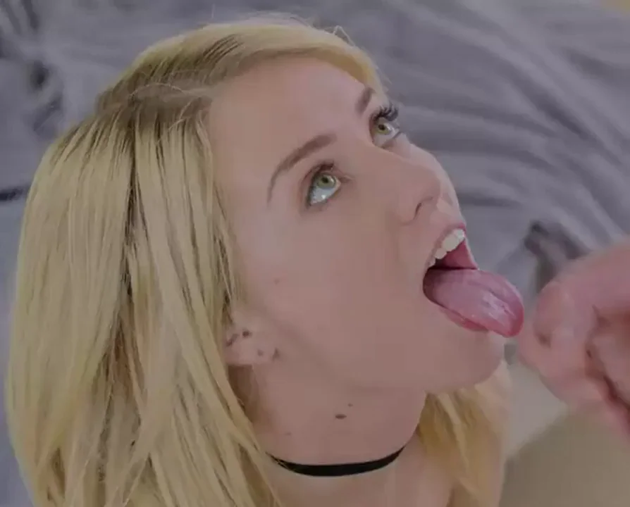 Blonde Cumslut Thanks Daddy with Tongue Out for Thick Facial