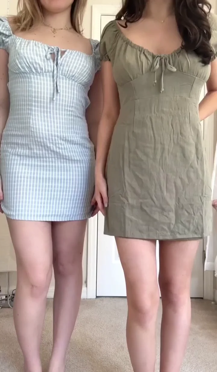 Cute Dress Tease: Petite Blondie & Brunette Flash Shaved Pussies & Perky Tits 😈👗💦