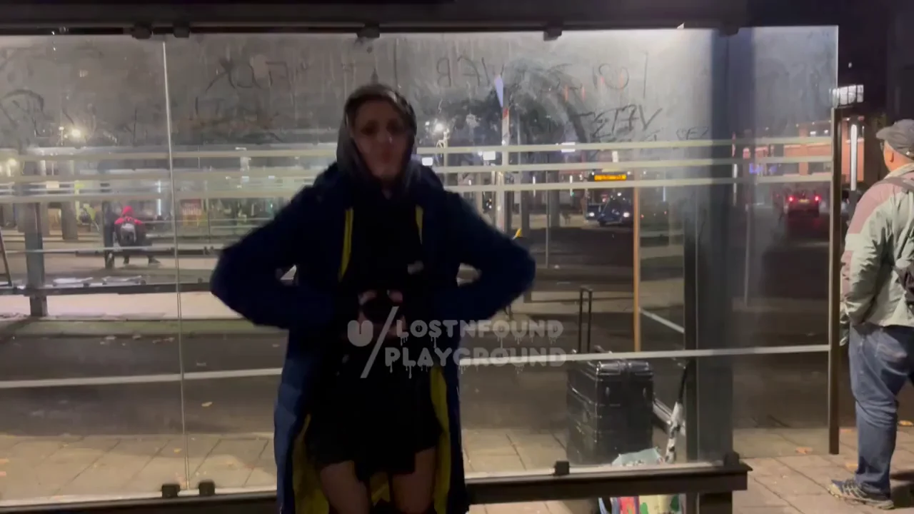 Cute Blonde Flashes Perky Naturals at Bus Stop, Dude Gives Thumbs Up Hihi GIF
