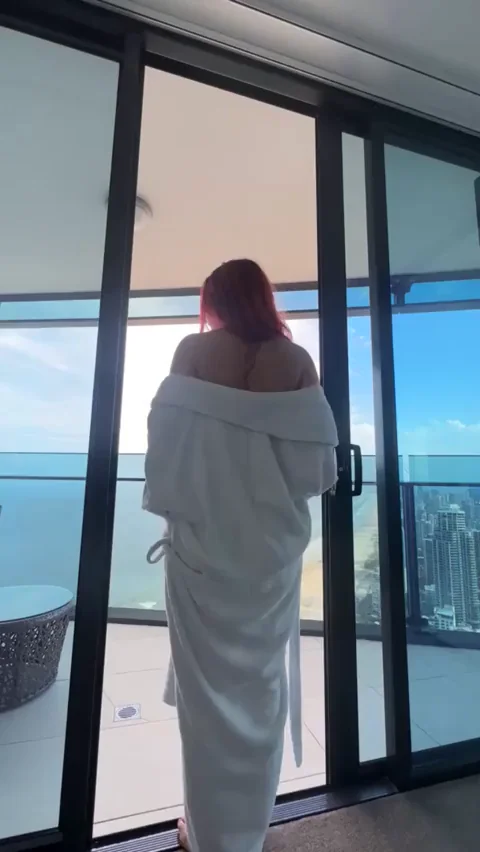 Asian Babe in White Robe Teases Balcony Fuck with Juicy Ass View
