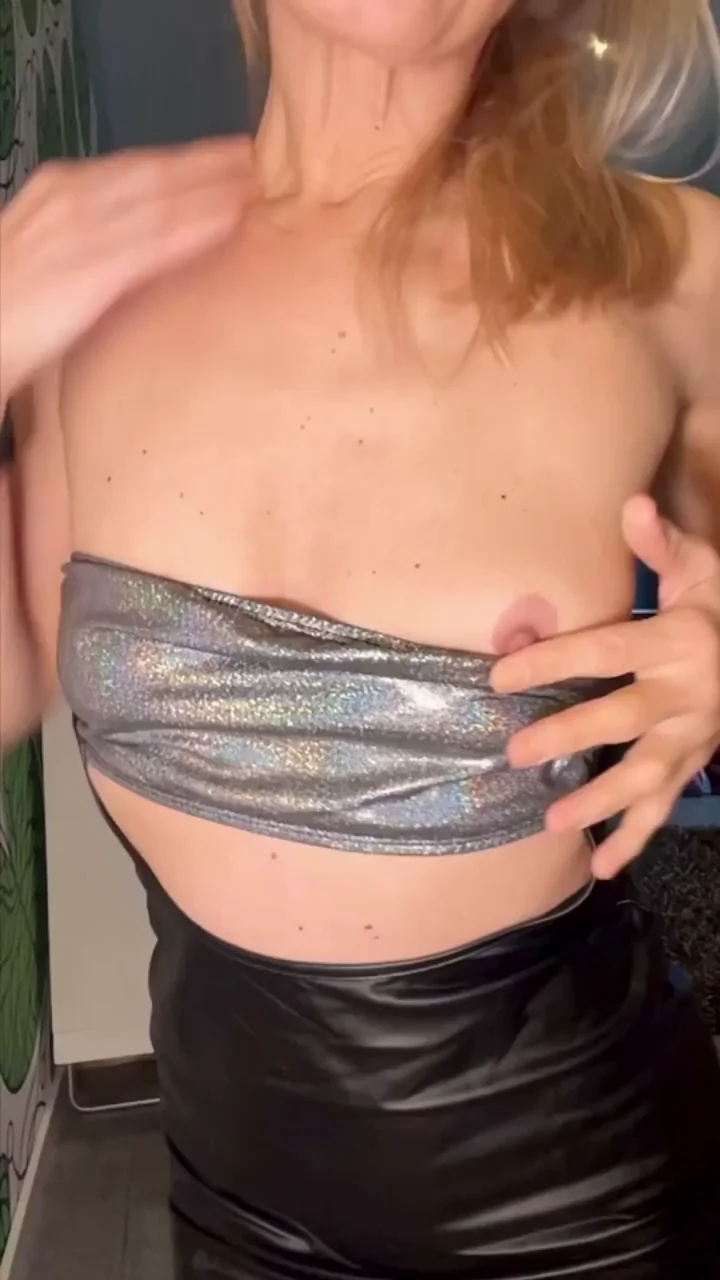 44yo Blonde MILF Teases Tits in Shiny New Dress and Leather Skirt