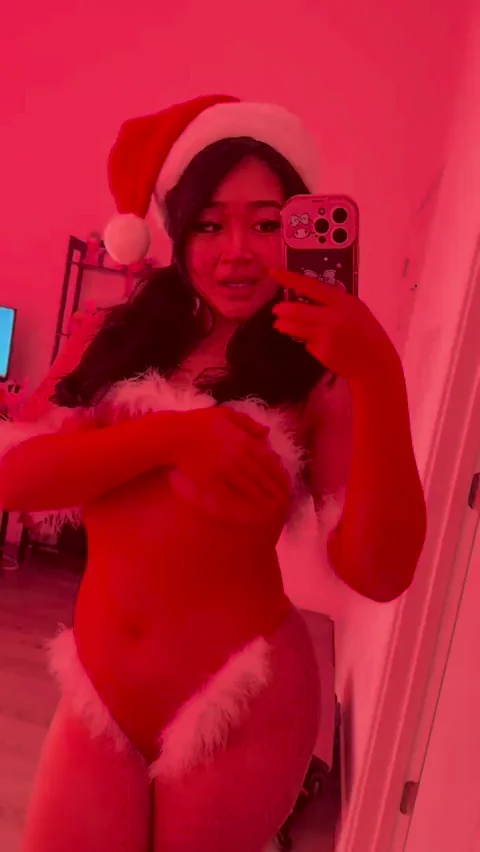 Petite Asian Santa Slut's Massive Tits Tease in Red Fur Thong
