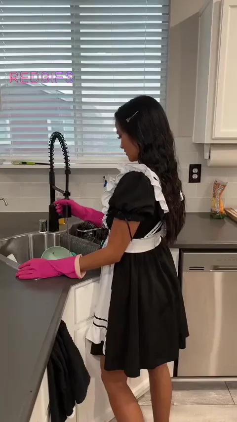 Maid Slut Washing Dishes in Sexy Pink Gloves