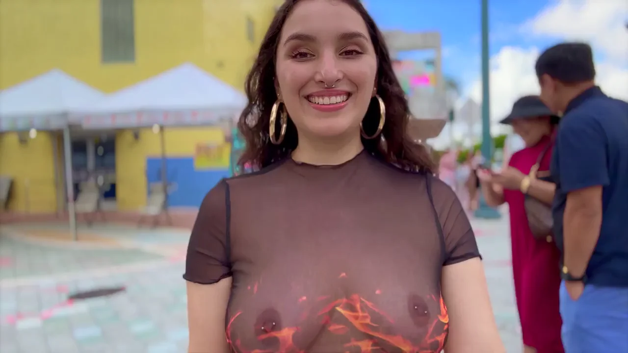 Scorching See-Through Tease: Latina Flasher Bares Perky Tits in Sweltering Street Heat