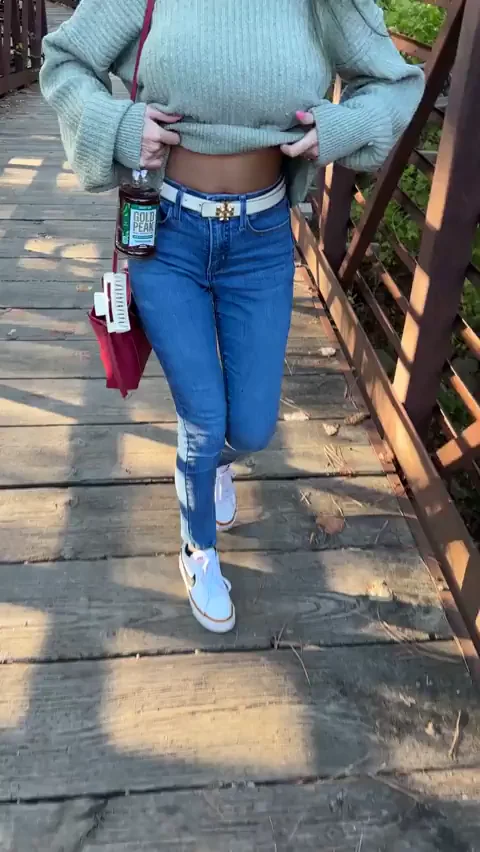Teasing Tits Flash on the Bridge Walk