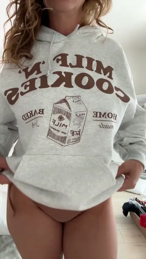MILF with Cookies Drops Hoodie for Massive Jugs Tease 😜