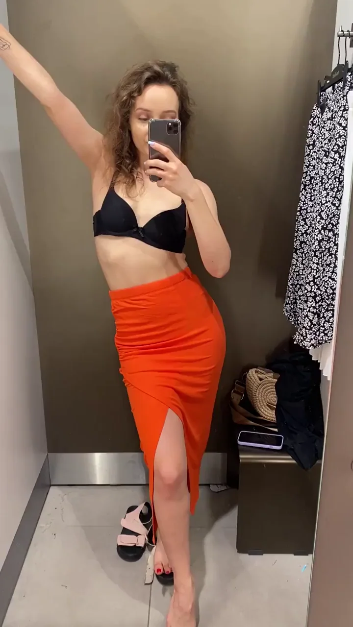🛍️ Naughty Fitting Room Tease in Black Bra & Slutty Orange Skirt 💋