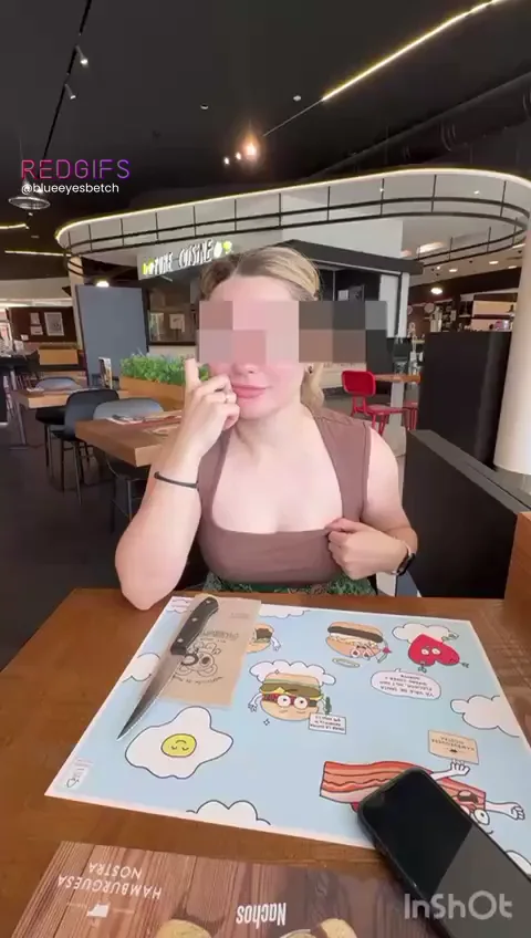 Blonde Slut Flashing Tits in Public Cafe