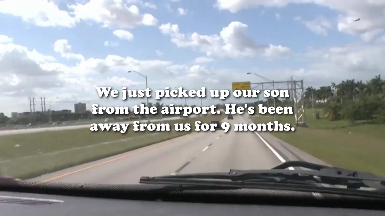 My wife and daughter can't hide their excitement when we pick up our son at the airport.