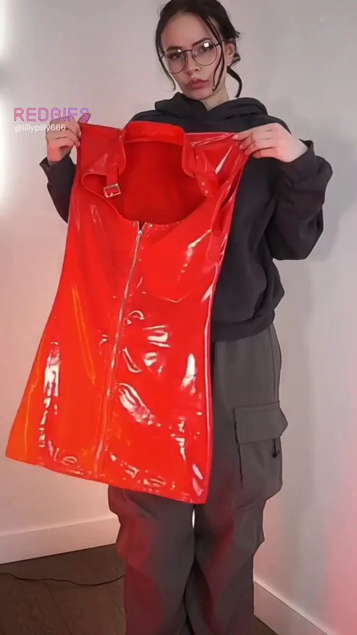 Slutty Latina Teases Shiny Red Latex Hoodie in Cargo Pants