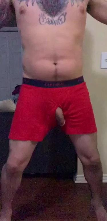 💦 Tattooed Hunk's Massive Cock Jumps & Jacks in Red Slit Boxers 🥵🔥