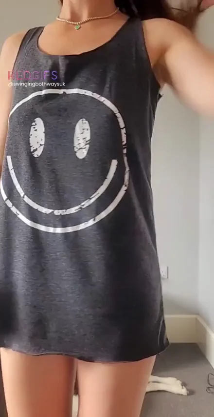 Petite 38F Slut Strips Off Smiley Tank Top Tease