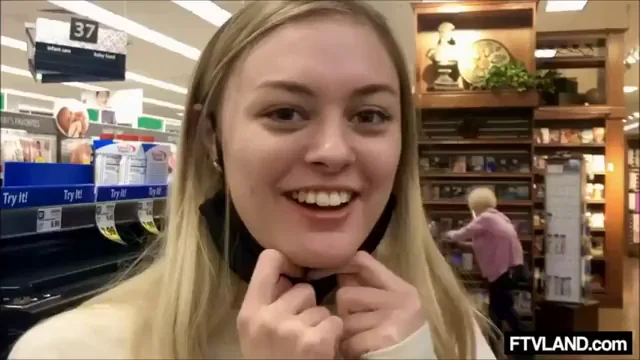 Nervous Blonde Slut Flashes Ass in Supermarket Aisle