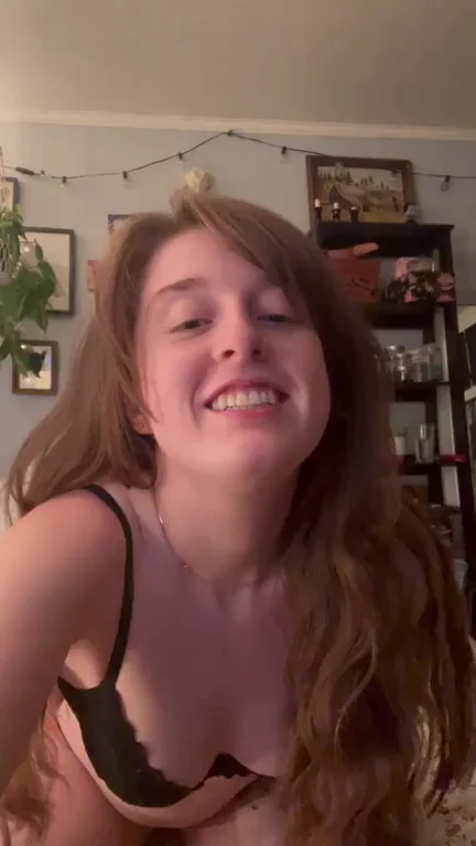 18yo Redhead Slut Teases in Lacy Black Bra & Matching Thong