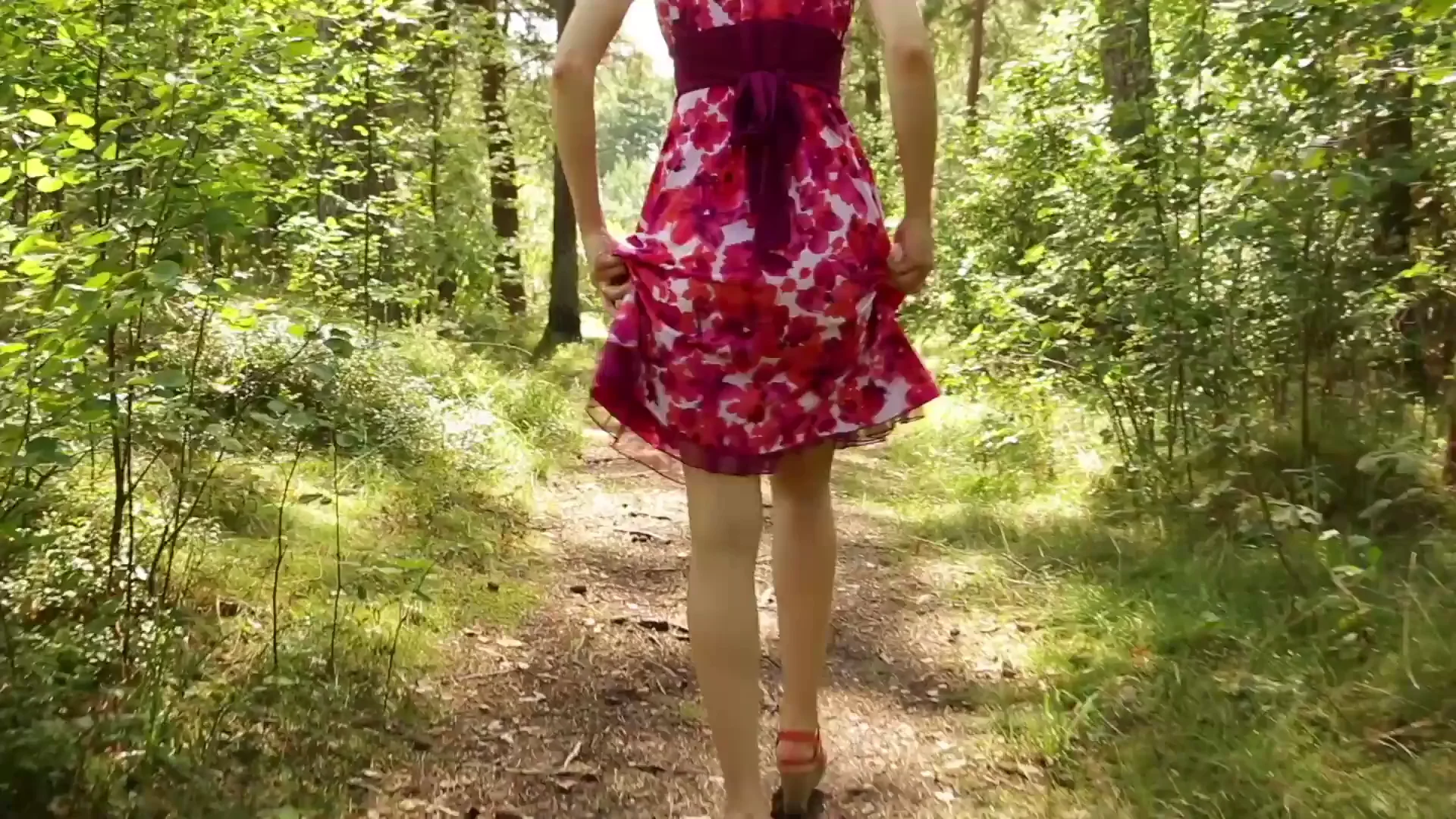 Panty-Free Slut Hike in Red Dress 😈🌳🍑