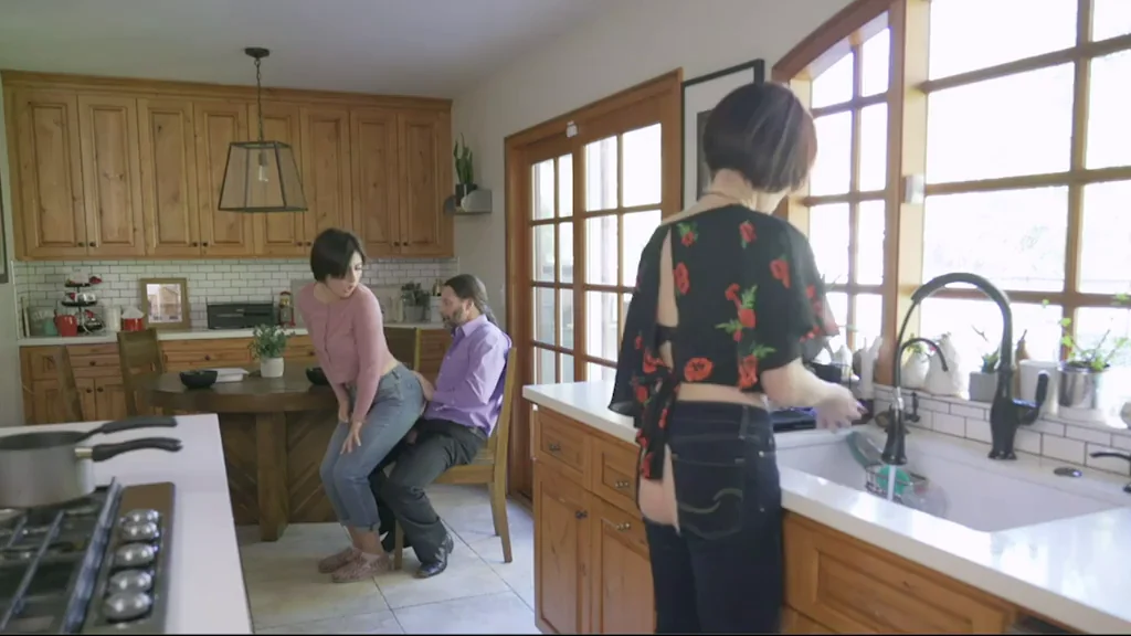 Step-Dad Fucks Horny Step-Daughter at Kitchen Sink While Mom Chats