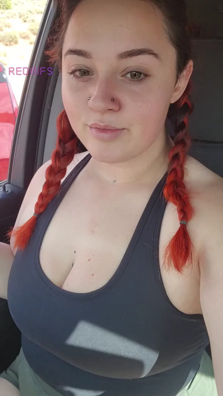 Busty Redhead Slut Flashes Massive Tits in Car 🚗💦