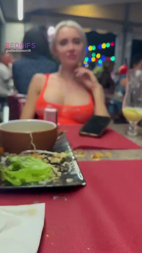 Public Restaurant Tease: Slutty Red Dress Chick Fingers Her Dripping Pussy Under the Table