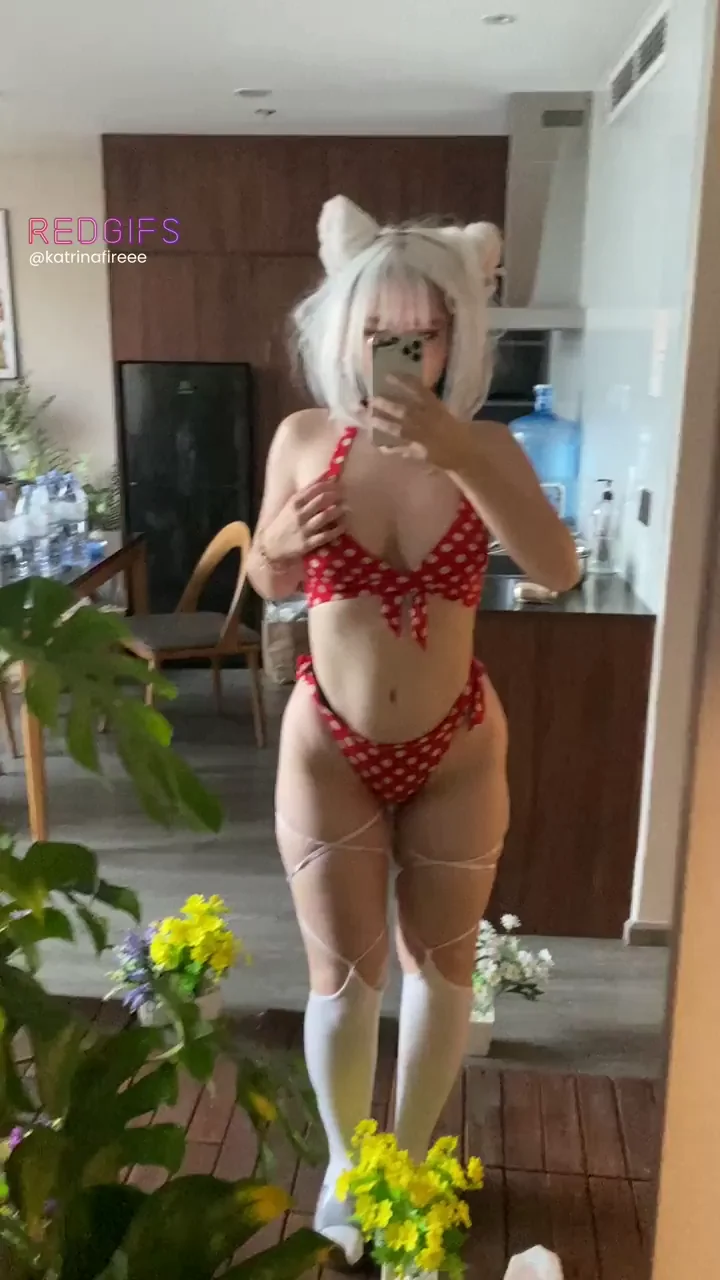 Titty-Wash Tease: Catgirl's Massive Mams in Red Bikini