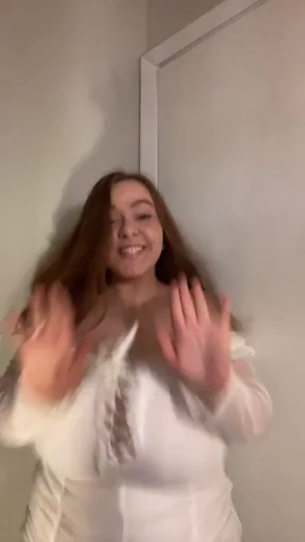 Stacked Busty Babe Teasing Tits in Lacy White Dress 😍🍒
