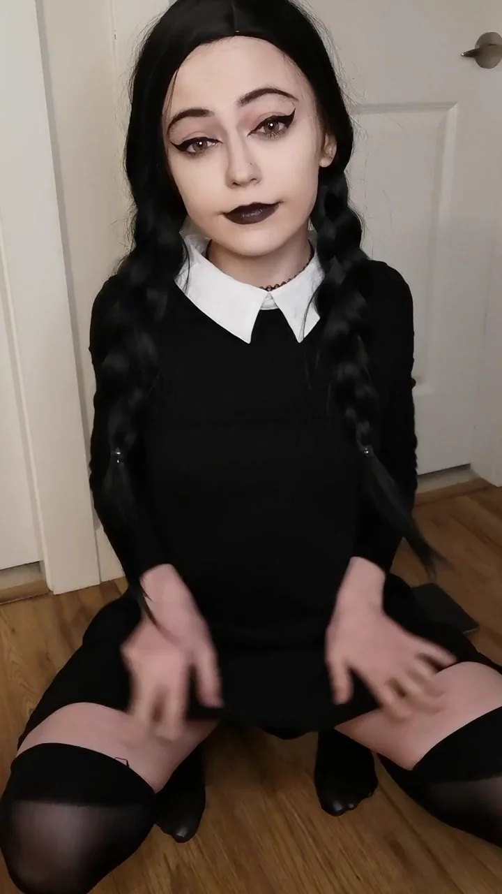 Wednesday's Wild Squat: Petite Goth Pussy Flash & Tits Tease!
