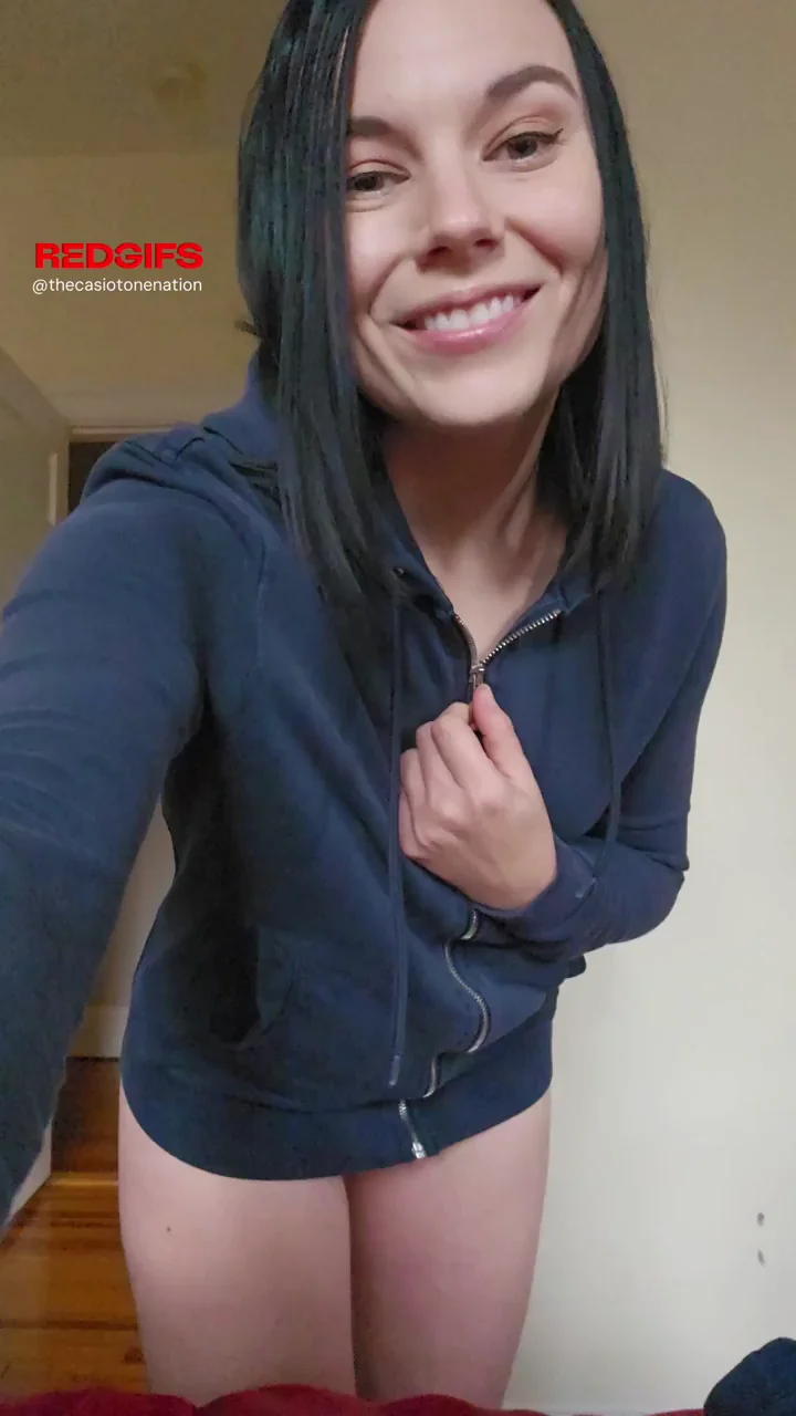 Petite Alt Babe's One-Zip Hoodie Strip to Shaved Pussy Reveal