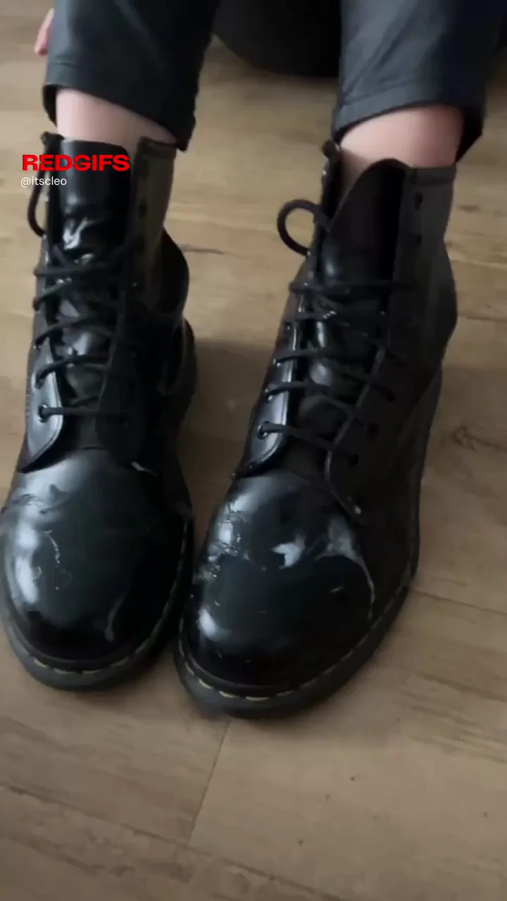 Hot Chick's Shiny Boots Drenched in Thick Cum