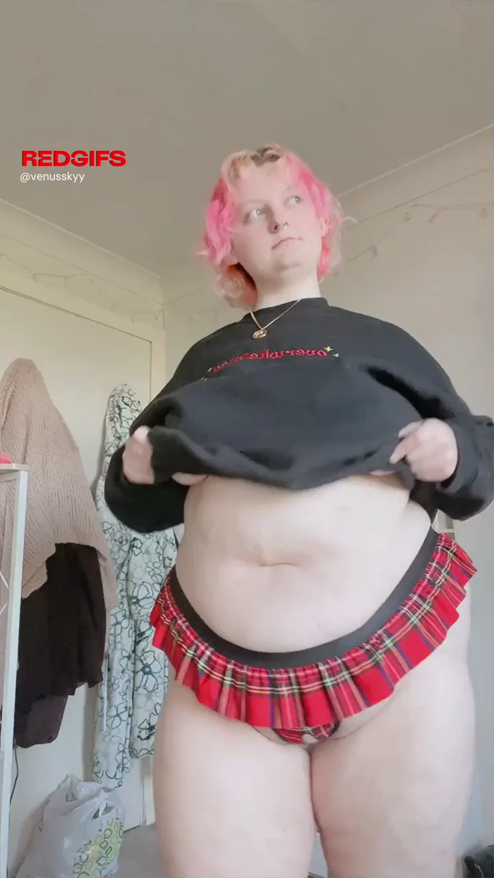 Cute Pink-Haired BBW Teases Titty Reveal in Oversized Hoodie & Plaid Skirt 😍🍒