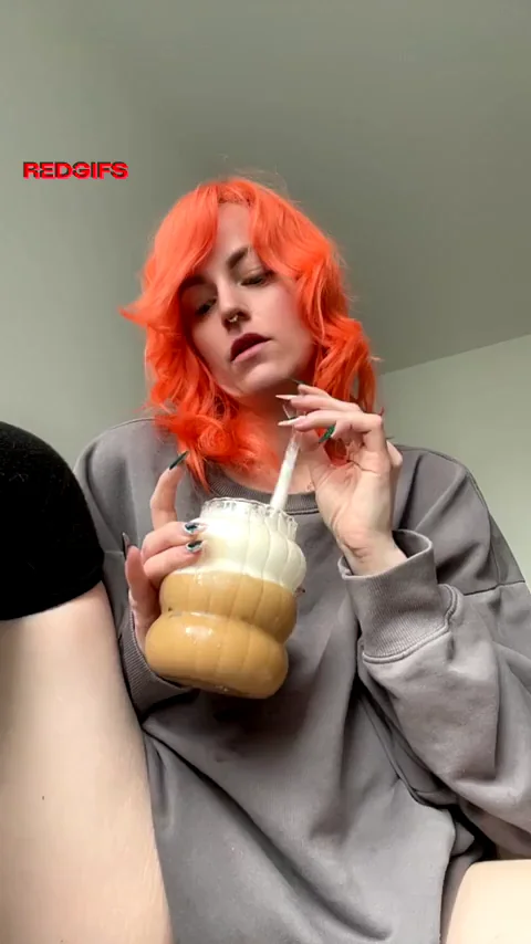 Neon Redhead Slut Sips Creamy Load While Spreading Dripping Pussy