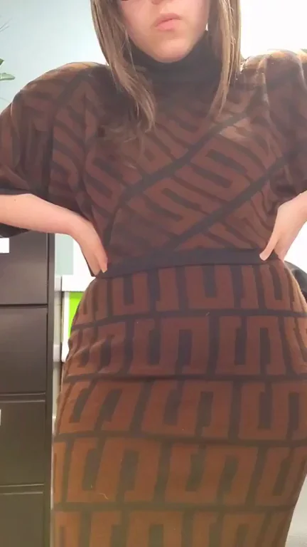 Braless Tease in Brown Office Dress, Wishing for White to Show Off My Tits [F]