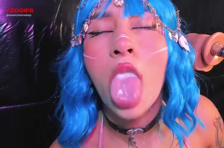 Blue-Haired Cumslut Gargles Thick Loads Like a Pro