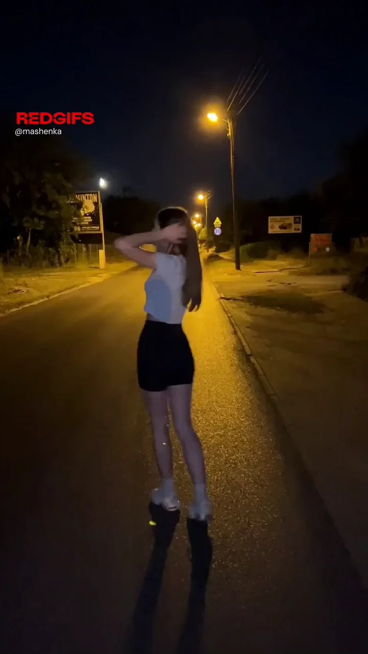 Petite Teen's Risky Nighttime Skate in Tiny Shorts and Crop Top