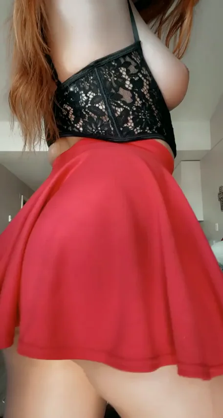 Redhead Whootie Bares Her Juicy No-Panties Ass in Red Skirt Tease