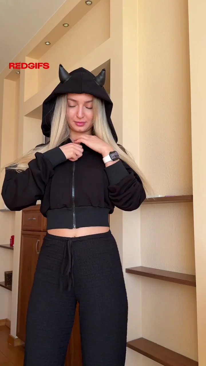 Petite Blonde Teen Strips Naked in Cat Hoodie Tease