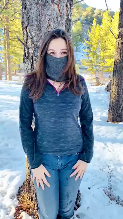Risky Tree Shield Striptease in Snowy Woods!