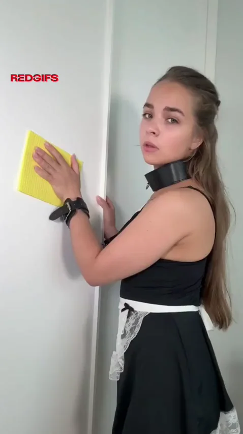 Handcuffed Maid Slut Cleans Walls with Massive Tits Bouncing for Master
