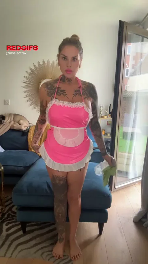 Tattooed Big Tit Maid in Shiny Pink Latex Uniform