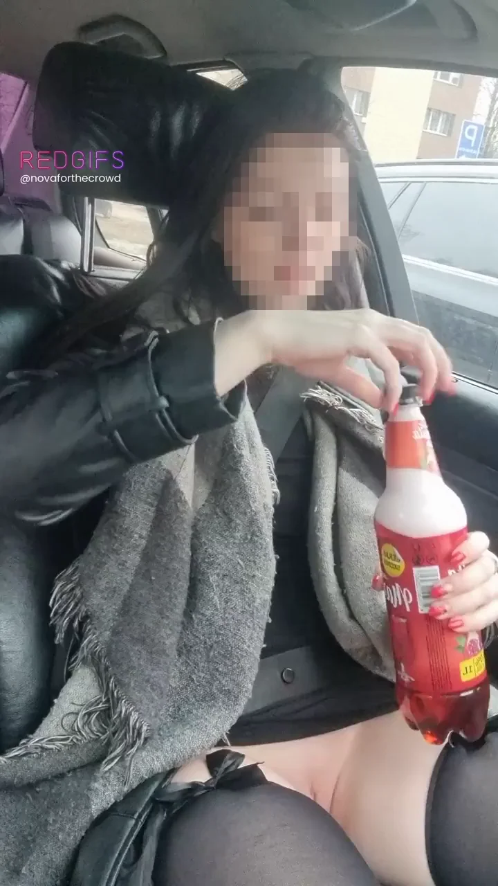 Clumsiest Petite Slut Spills Red Soda on Her Dripping Shaved Pussy in Car