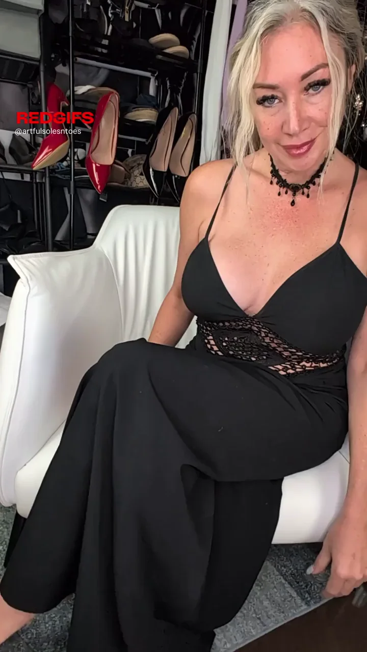 47-Year-Old Blonde MILF Teases with Massive Tits in Lacy Black Slip