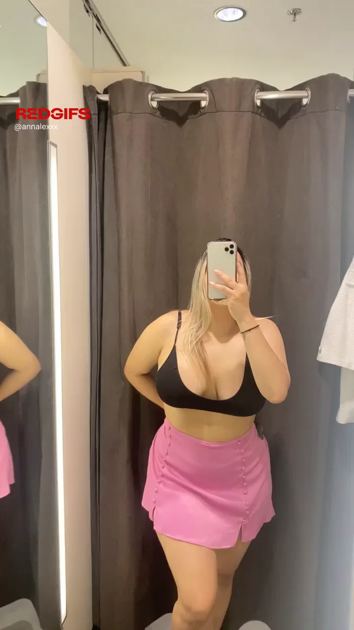 Black Bra or Pink Skirt? 😈 Big Tits Tease in Changing Room